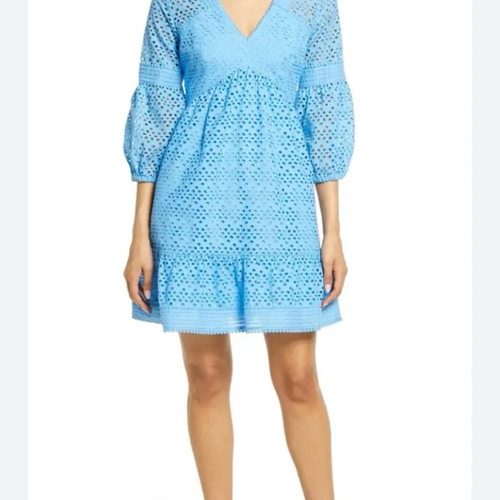 Lilly Pulitzer Lucinda Dress Women’s 4 Blue Eyelet 3/4 Sleeves Ruffle Feminine